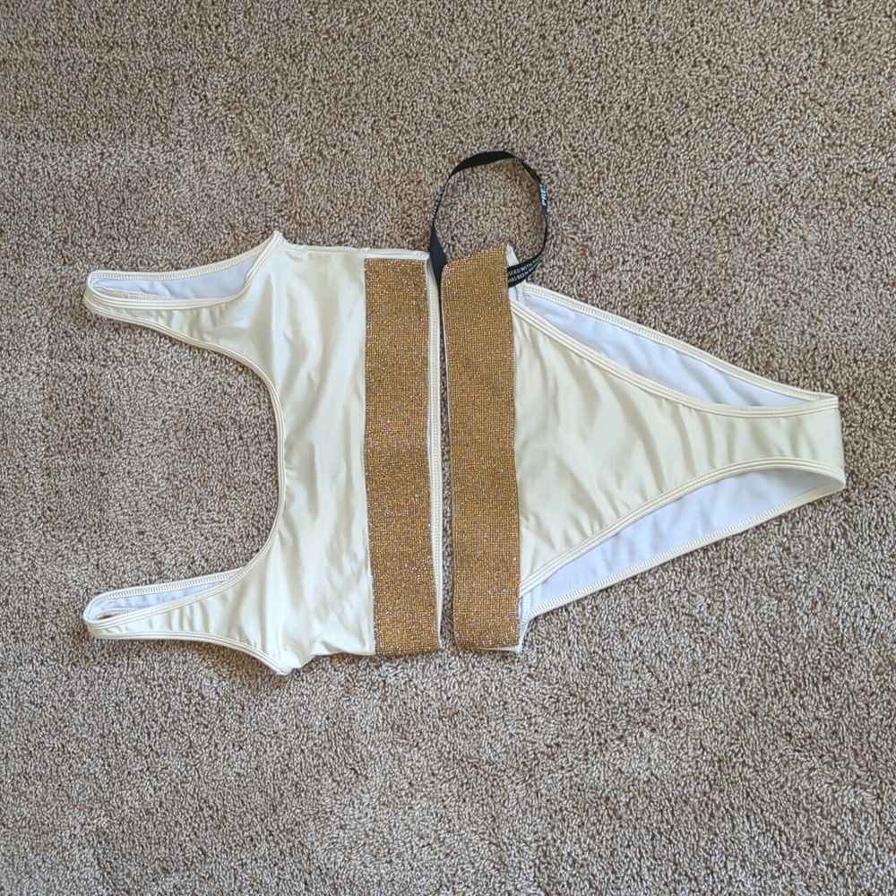 PrettyLittleThing Two Piece Womens 8 Cream Gold Beaded Glam Embellished NWT
